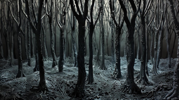 Photo a dark and eerie forest with bare skeletal trees