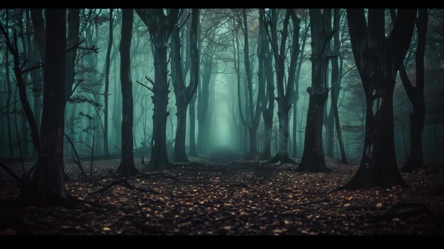 Photo dark and eerie forest with dead trees and ghostly atmosphere cinematic composition no snow