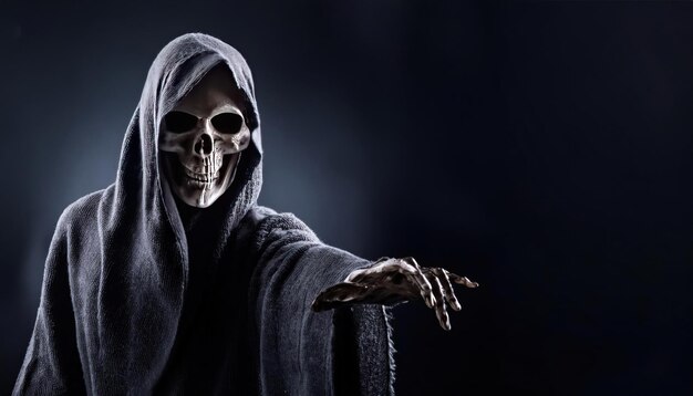 Photo dark and eerie grim reaper reaching out spooky scene with copy space