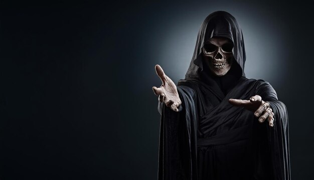 Photo dark and eerie grim reaper reaching out spooky scene with copy space