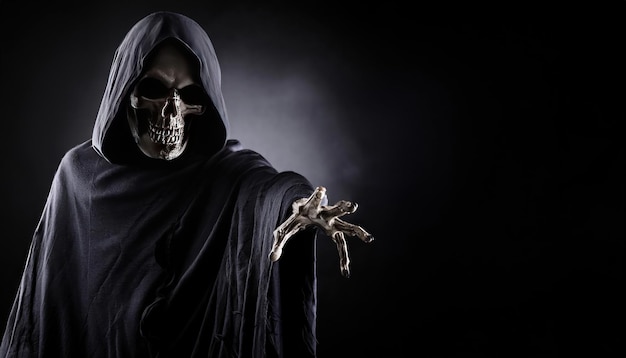 Photo dark and eerie grim reaper reaching out spooky scene with copy space