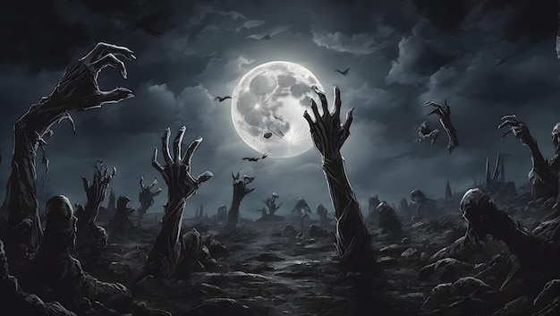 A dark and eerie scene of a moonlit graveyard with zombie hands clawing their way out of the ground