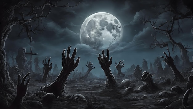 A dark and eerie scene of a moonlit graveyard with zombie hands clawing their way out of the ground