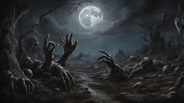 A dark and eerie scene of a moonlit graveyard with zombie hands clawing their way out of the ground