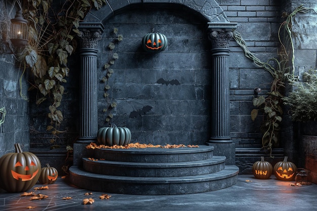 A dark eerie scene with a stone archway and a staircase leading up to it