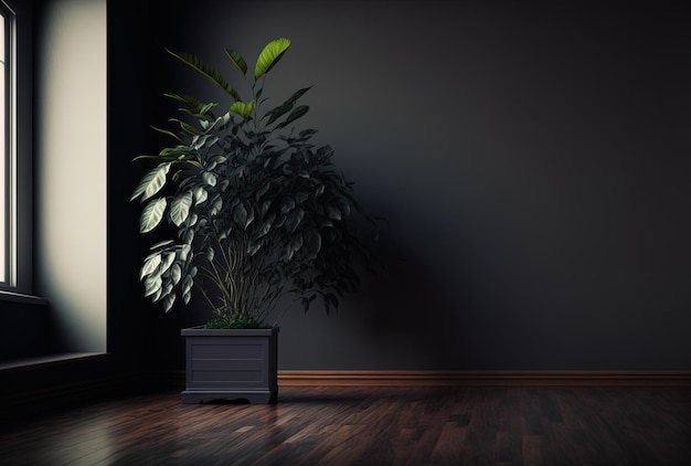 Dark empty space with a wooden floor and a plant in a container as a backdrop