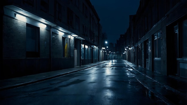 A dark empty street in an urban setting illuminated only by a few dim flickering streetlights cas