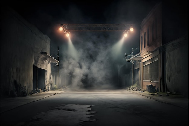 Dark empty street with smoke float up on dark background digital illustration painting artwork