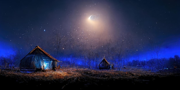 Dark fairytale night in the village glowing houses against the night sky 3d illustration