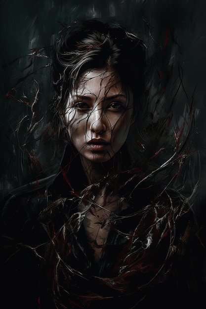 A dark fantasy art style artwork with a woman in a black suit and a dark background