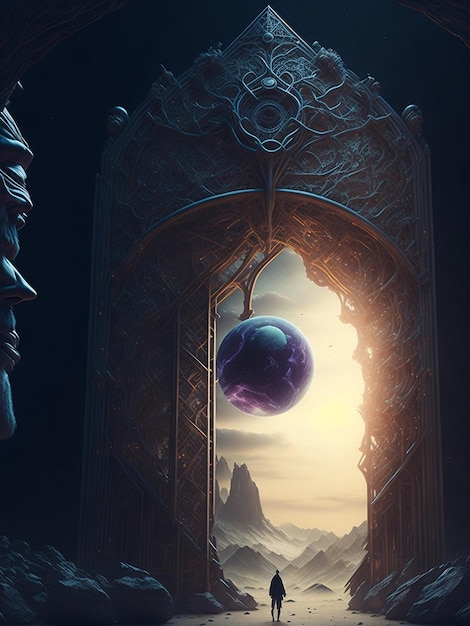 A dark fantasy art with a blue planet in the middle