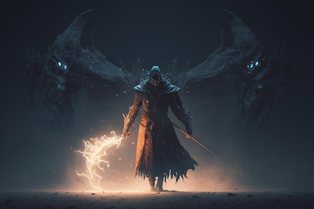 A dark fantasy art with a dragon and a man holding a sword.