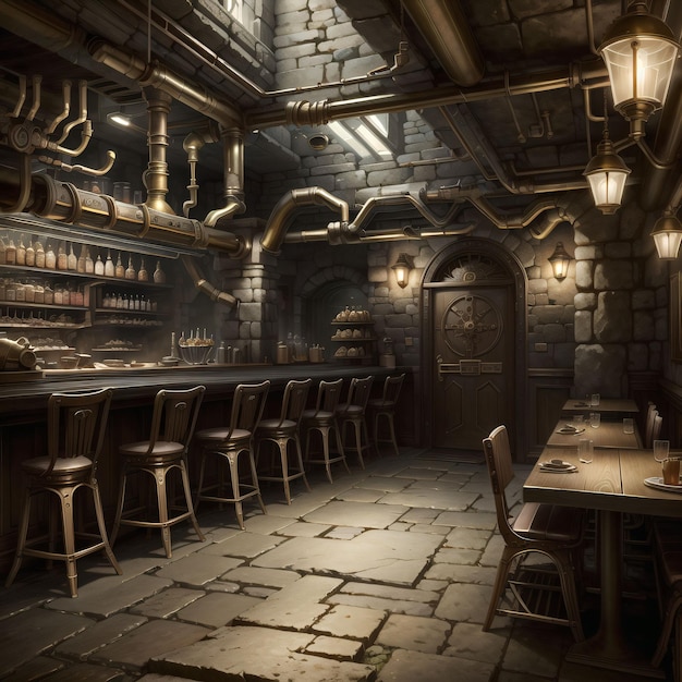 A dark fantasy bar with pipes and pipes