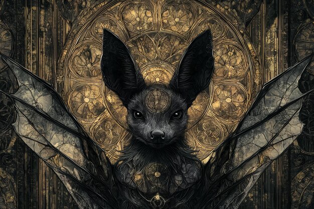 Dark Fantasy Bat with Golden Gothic Window