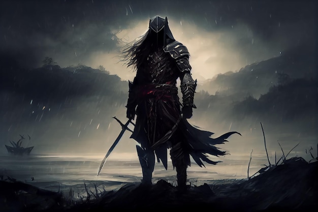 Dark fantasy berserker swordsman in dark armor gloomy ominous landscape Generative AI