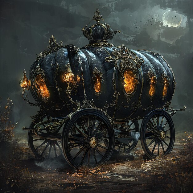 Photo dark fantasy carriage shaped like a dark pumpkin