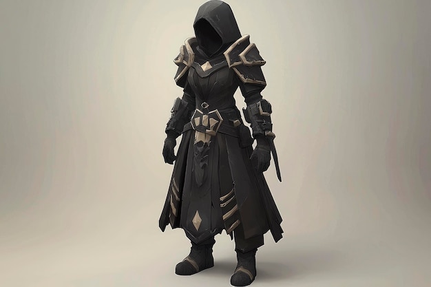 Dark Fantasy Character in Black Armor with Hood