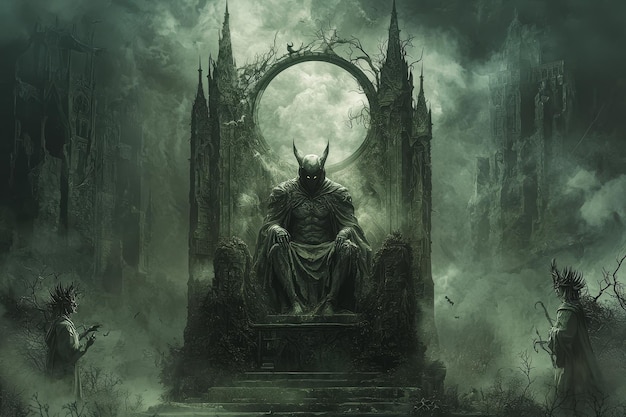 Photo dark fantasy demon king on throne in grim forest