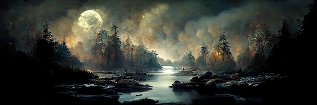 Dark fantasy forest. River in the forest with stones on the shore. Moonlight, night forest landscape