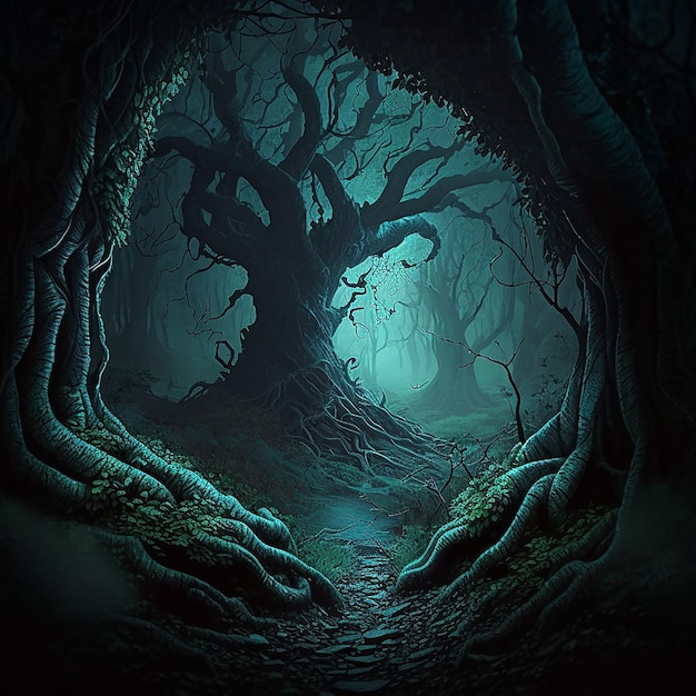 dark fantasy forrest with a big tree