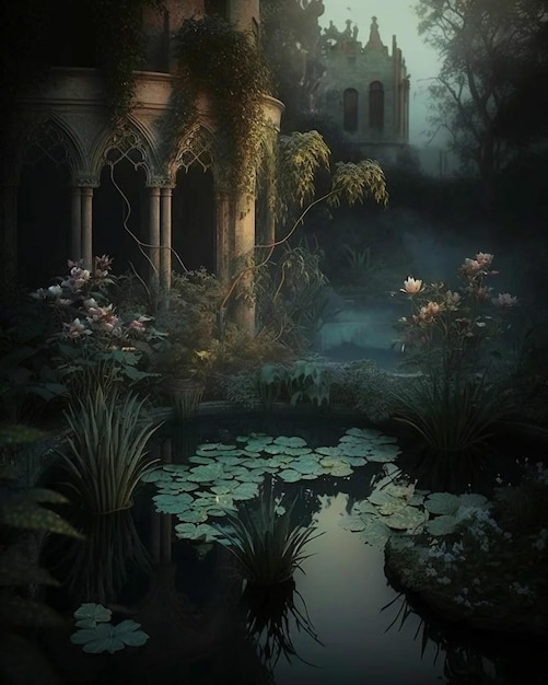 A dark fantasy landscape with a pond and a house with a lily pad on the bottom.