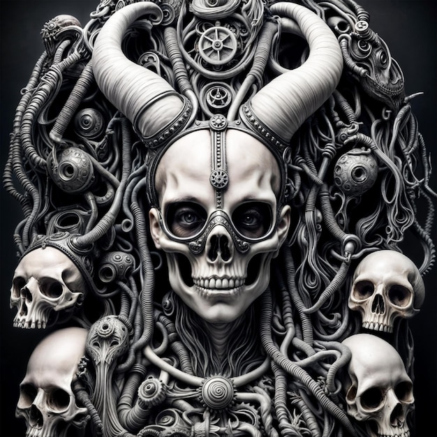 Dark Fantasy Ornate Gothic Skull with Ram Horns in Monochrome