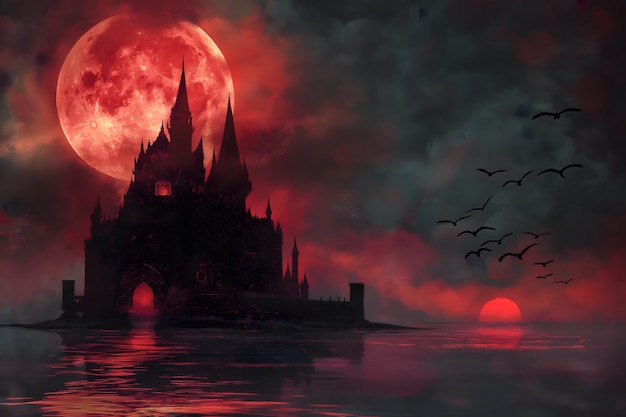 dark fantasy vampire castle with red moon and flying vultures