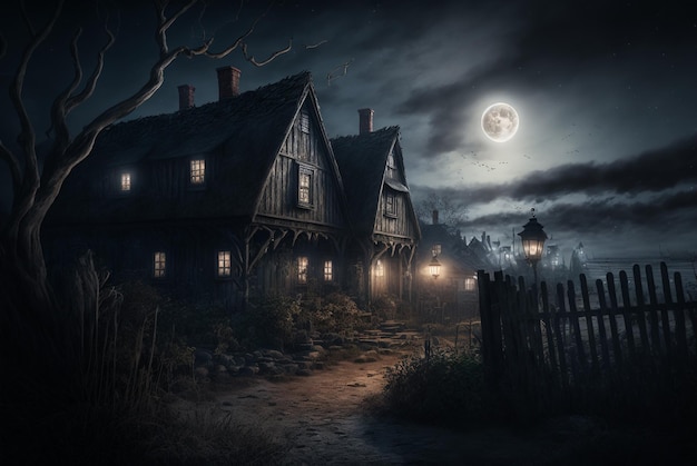 dark fantasy village at night spooky night scenery moonlight, generative ai