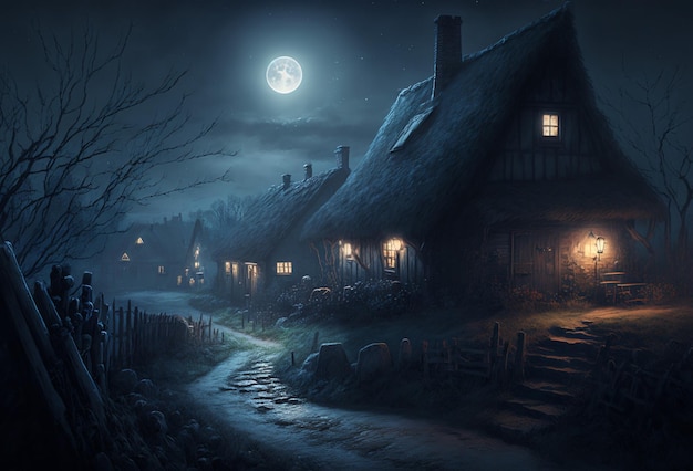 dark fantasy village at night spooky night scenery moonlight, generative ai