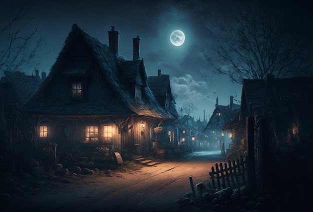 dark fantasy village at night spooky night scenery moonlight, generative ai