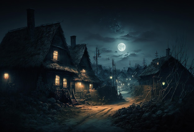 dark fantasy village at night spooky night scenery moonlight, generative ai