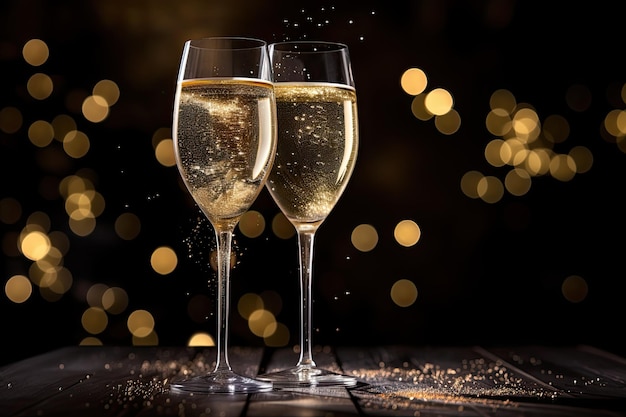 Dark festive glass of champagne on bokeh background Copy space for text