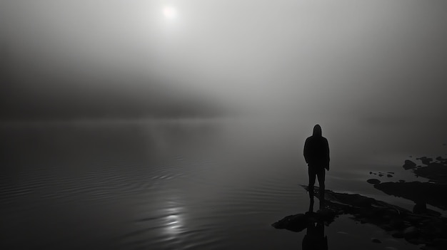 Photo the dark figure of a man standing on a pier looking out at a foggy lake the sun is rising behind him casting a dim light over the scene