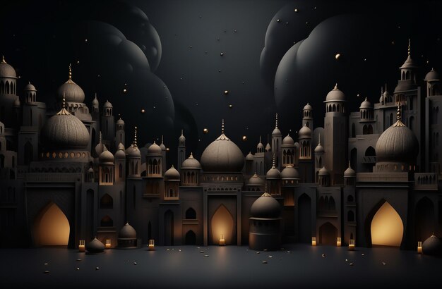 dark figure of a mosque with glowing windows on a black background