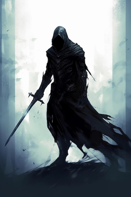 A dark figure with a sword in his hand and the words " the dark knight " on the back.