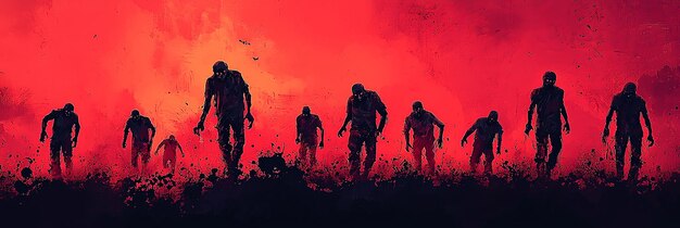 Dark figures including zombies walking in red ambiance