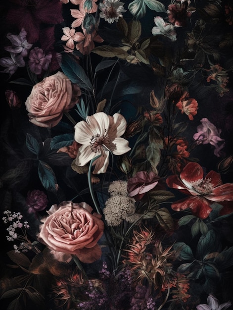 A dark floral background with a flower and a red flower.