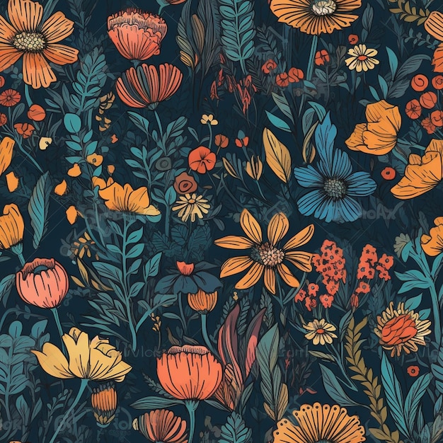 A dark floral pattern with a colorful flower background.