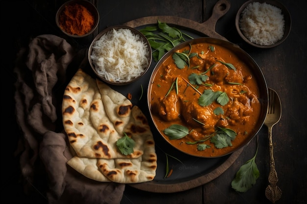 Dark Food Photography of Indian Butter Chicken with Basmati Rice and Naan Bread Generative AI