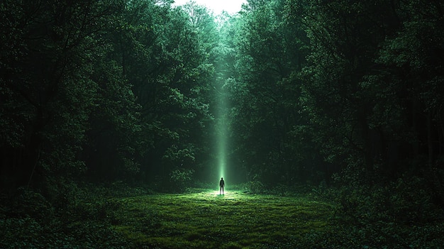 Dark forest clearing illuminated by a single beam of light figure standing in the middle surrounded by tall trees conceptual and moody high resolution