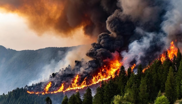 Dark forest on the mountain in the fire and smoke Wildfire scenery Burning trees