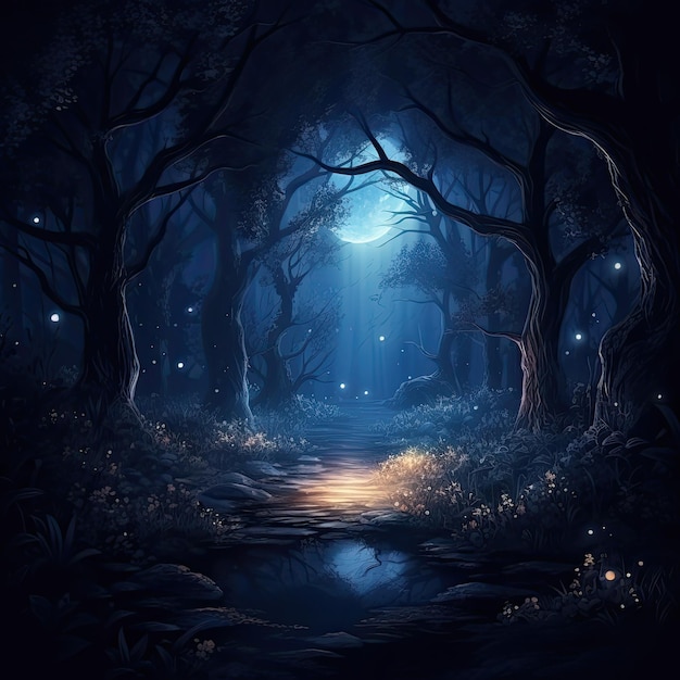 A dark forest at night with tall trees and glowing fireflies