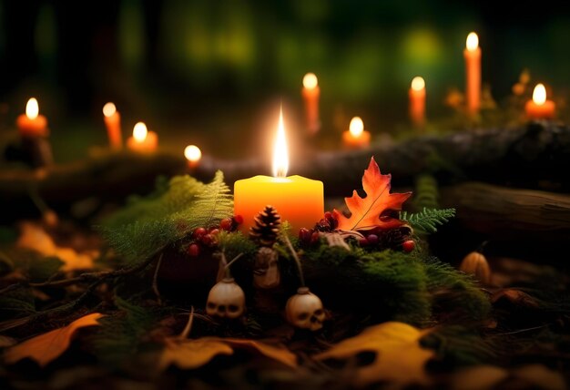 Photo a dark forest scene with candles and fairy lights