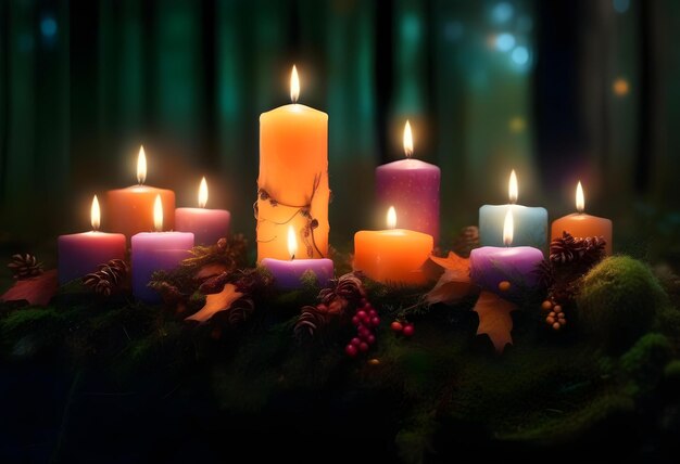 A dark forest scene with candles and fairy lights