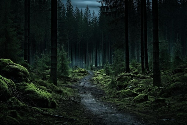 Dark forest scene with a clear path among the trees