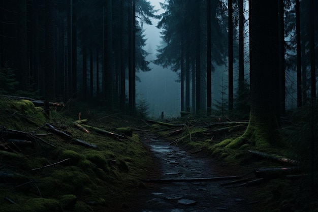 Dark forest scene with a clear path among the trees