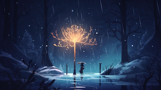 A dark forest scene with a tree and a woman with an umbrella standing in the snow.