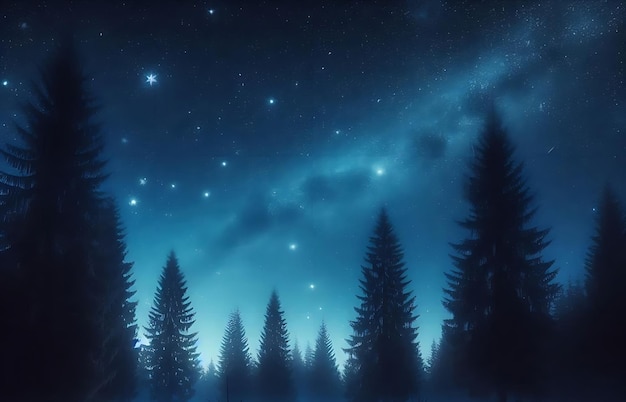 Dark forest under a starry sky