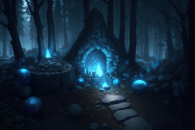 A dark forest with a blue light and a small house with a stone path.