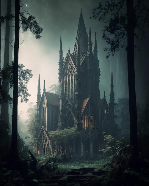 A dark forest with a church in the middle and a tree in the middle.